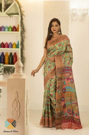 Light green Kalamkari Tussar silk saree