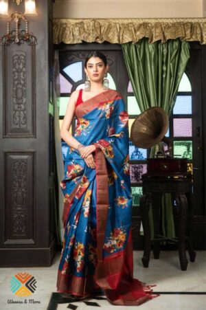 Blue floral Tussar silk saree