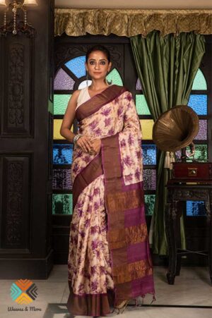 Cream and purple floralTussar saree