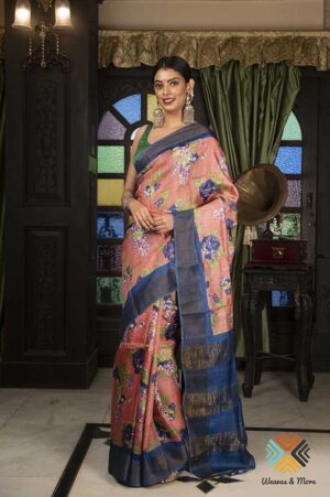 Peach pink floral Tussar silk saree