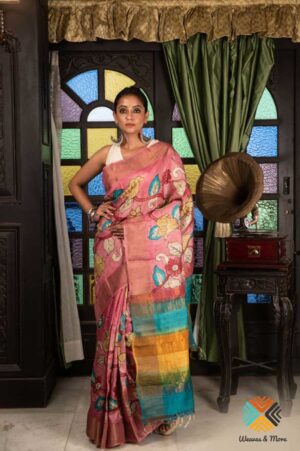 Pink handpainted Tussar silk