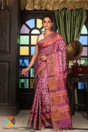 Purple floral handblock printed Tussar silk