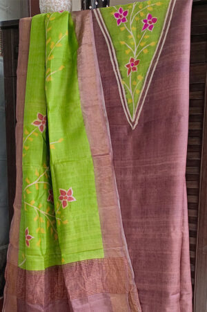 Brown and lime green handpainted kurti and dupatta set