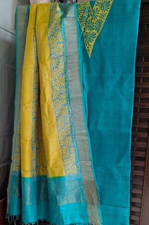 Turquoise blue and lemon yellow printed kurti and dupatta set
