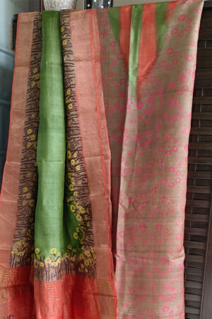 Brown and pista green printed kurti and dupatta set