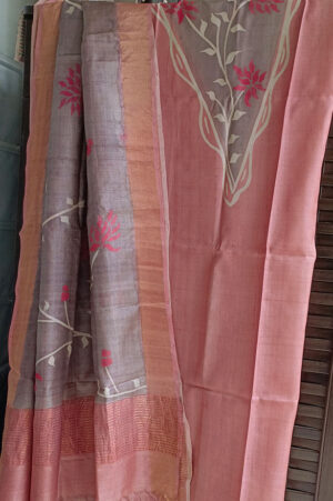 Peach and light brown handpainted kurti and dupatta set