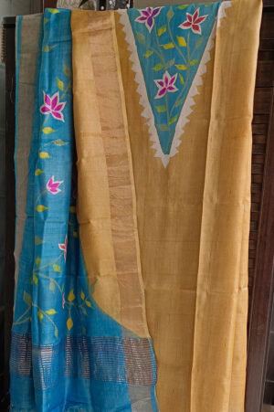 Yellow and blue handpainted kurti and dupatta set