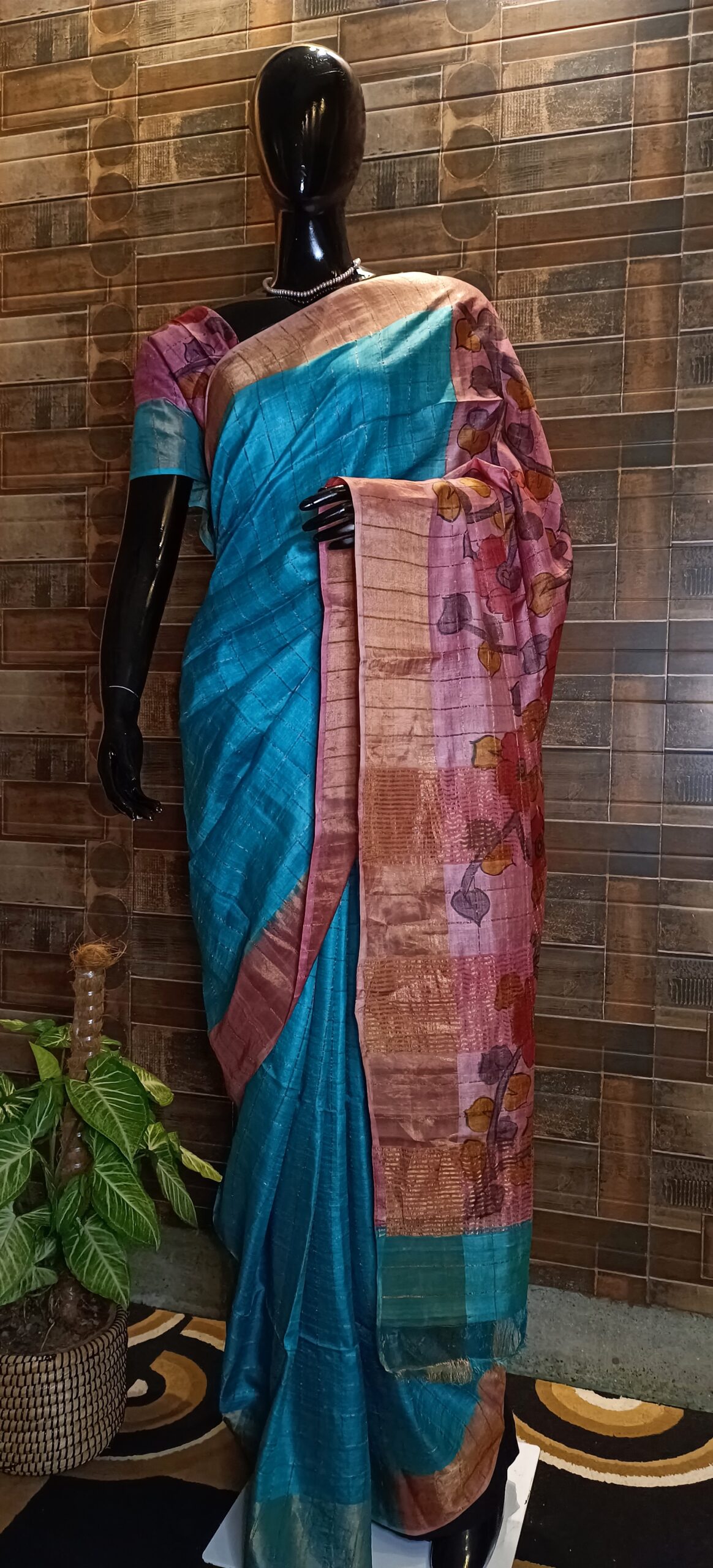 Aqua blue and onion pink Pure Tussar zari checks