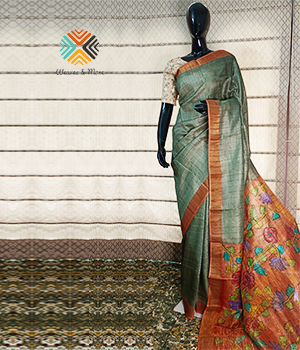 Pastel green and peach orange zari check tussar saree