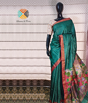 Forest green and red zari checks tussar saree