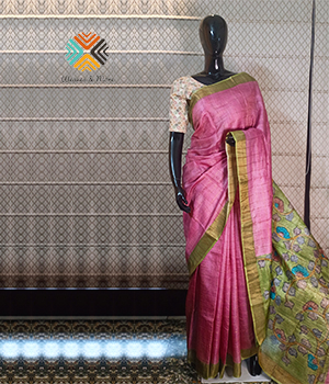 Onion pink and pista green zari check tussar saree