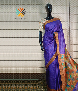Purplish blue and peach zari check tussar saree