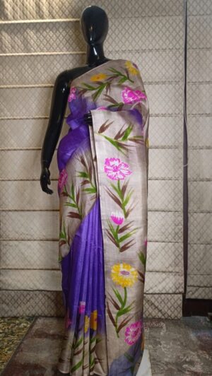 Purple floral hand painted pure silk saree